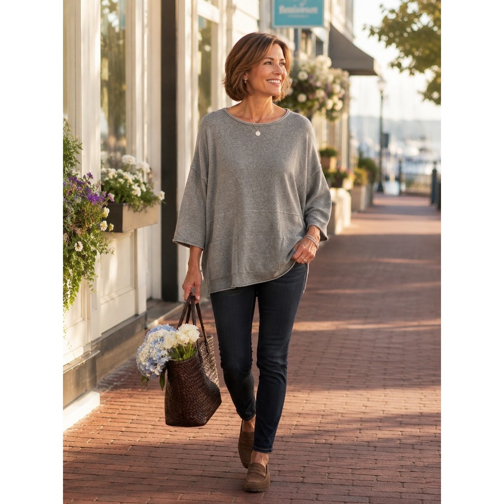 Pure J. Jill Gray‎ Cotton Cashmere Oversized Boat Neck Sweater Pockets M Petite